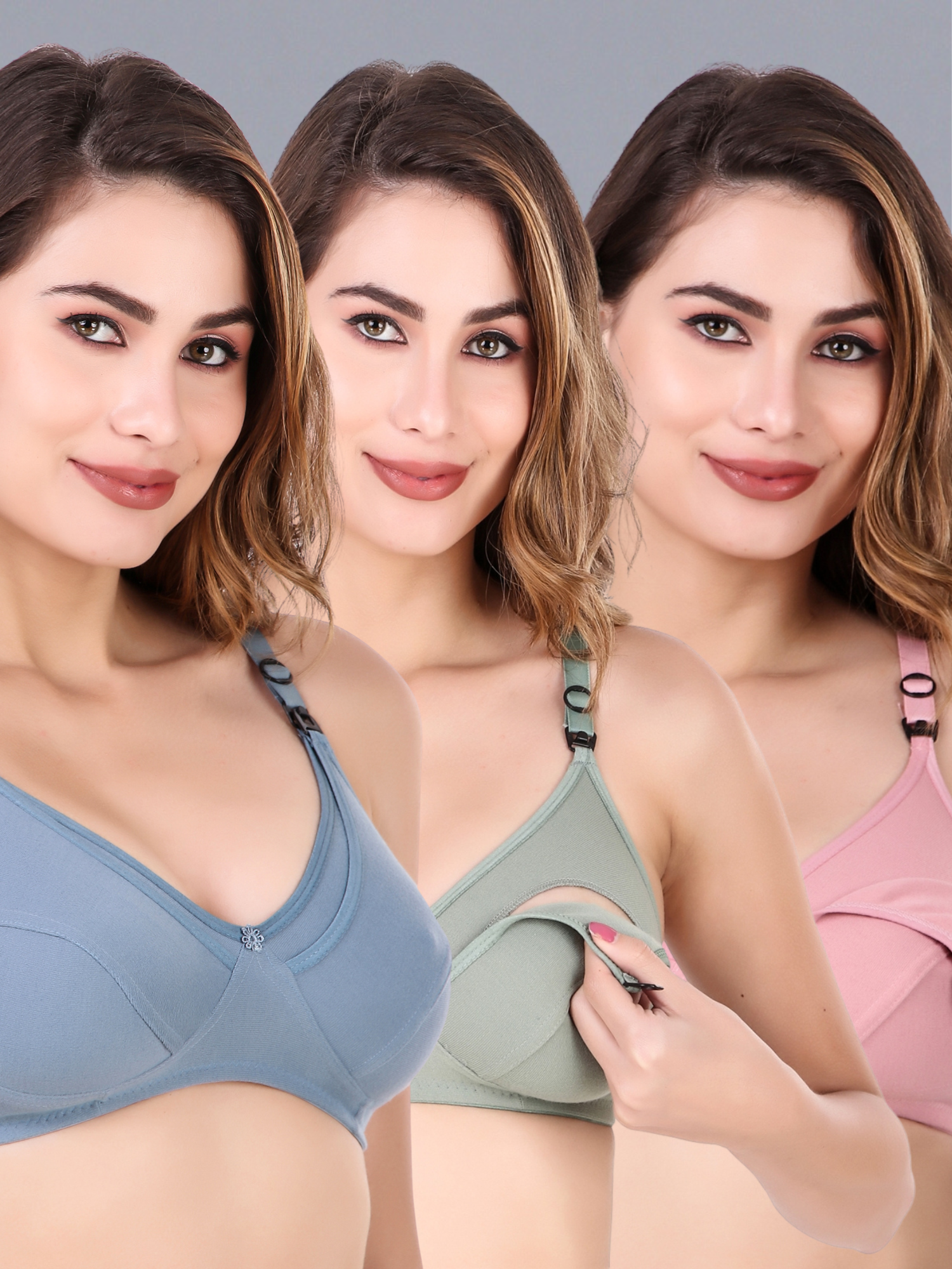 Three women wearing different colored maternity and feeding bras against a gray background
