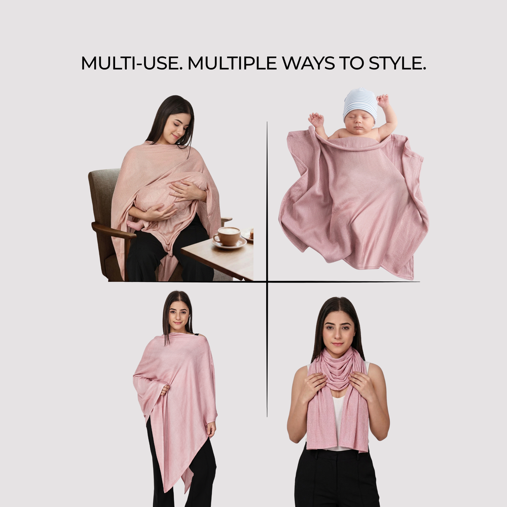 Pink poncho or feeding cover shown in various uses including a baby, a woman sitting, and a woman wearing it.