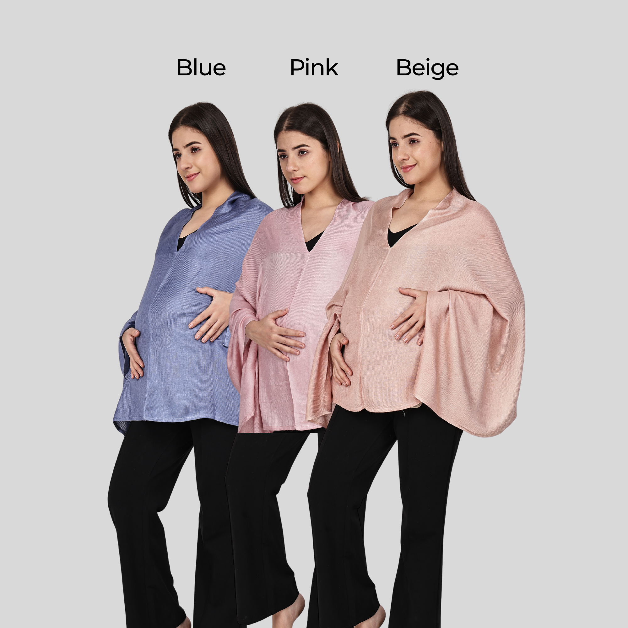 Three women wearing different colored feeding cover  or nursing cover over their shoulders on a plain background.