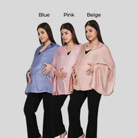 Three women wearing different colored feeding cover  or nursing cover over their shoulders on a plain background.