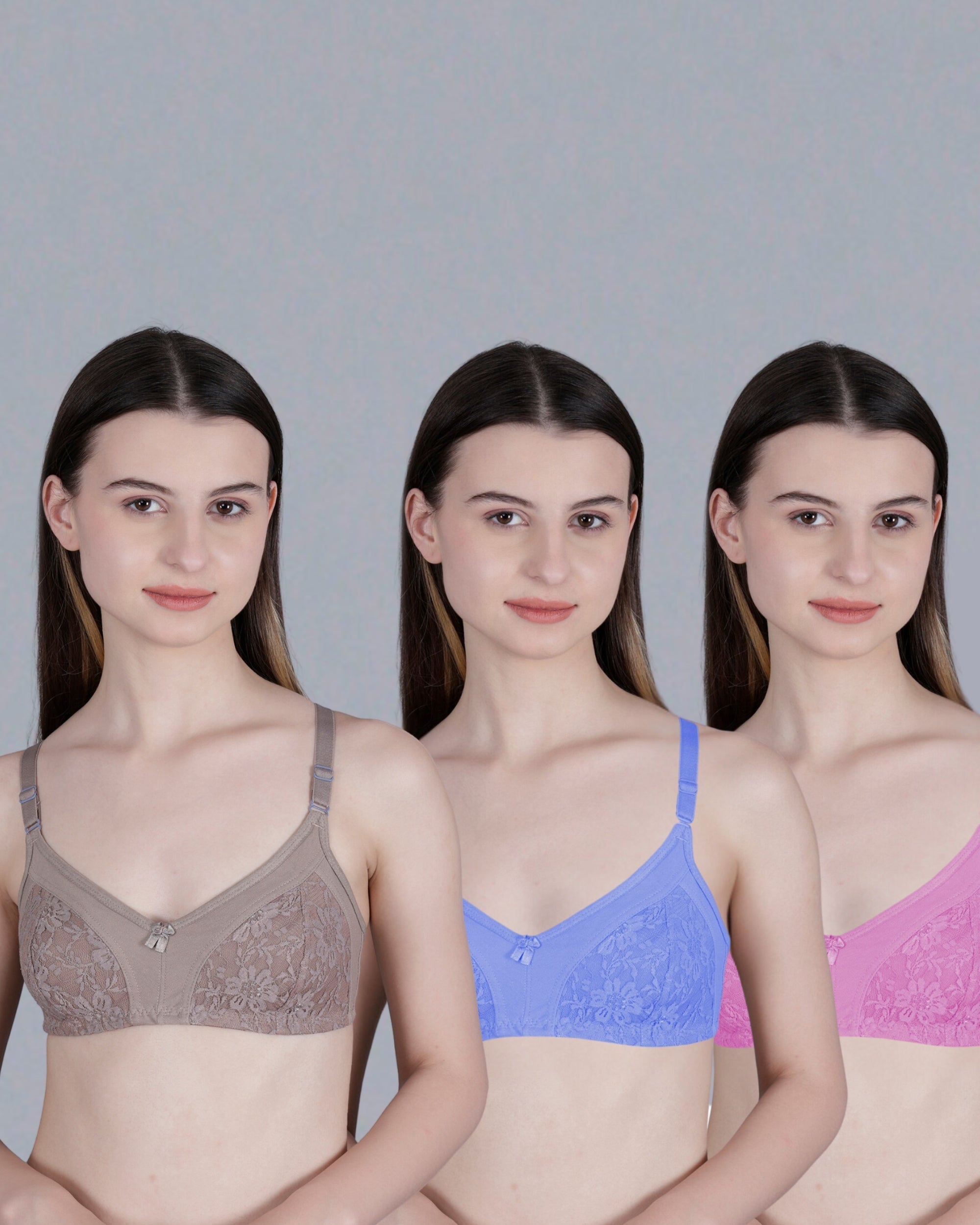 Women's Seamless Lace & Cotton Lightly Padded Full Coverage T-Shirt Bra Combo of 3 (color may vary)