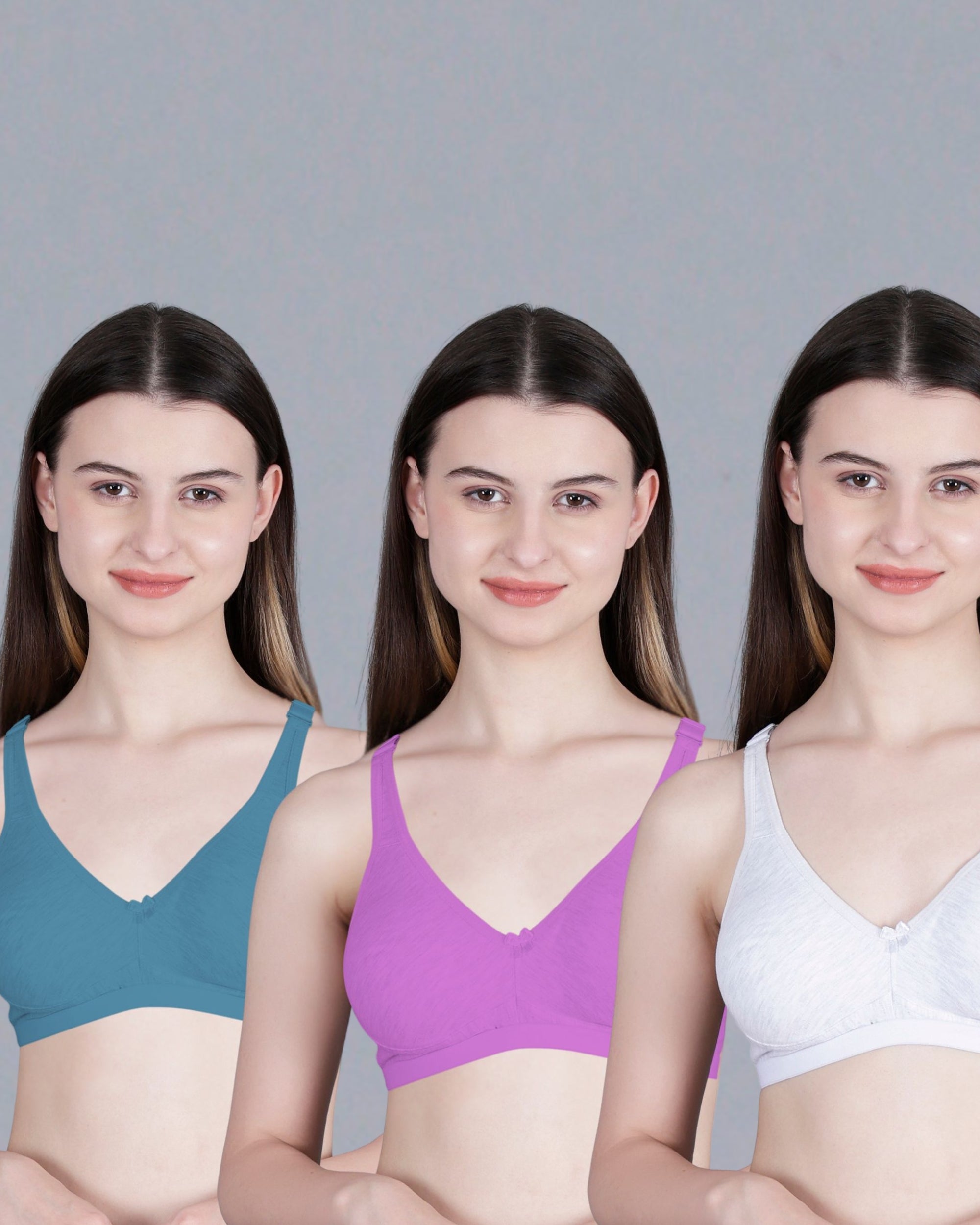 Non-Padded Cotton Blend Seamless Premium Bra for Regular Wear- Full Cup Combo of 3(color may vary)