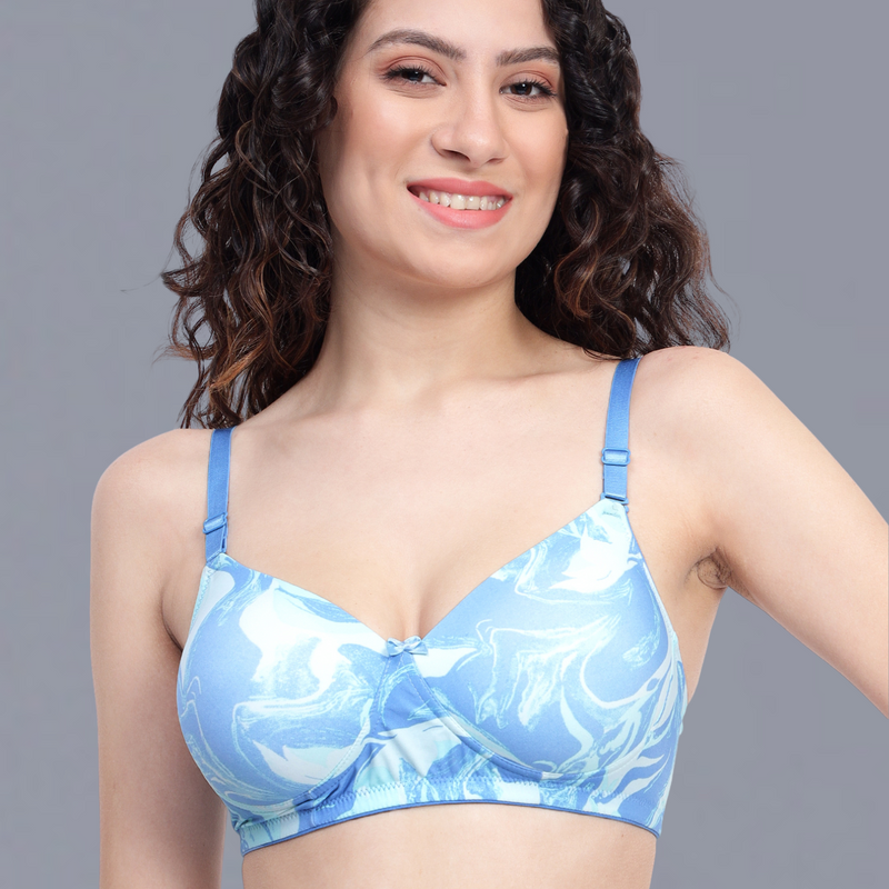 Padded Non-Wired Printed T-shirt Bra in Sky Blue & White
