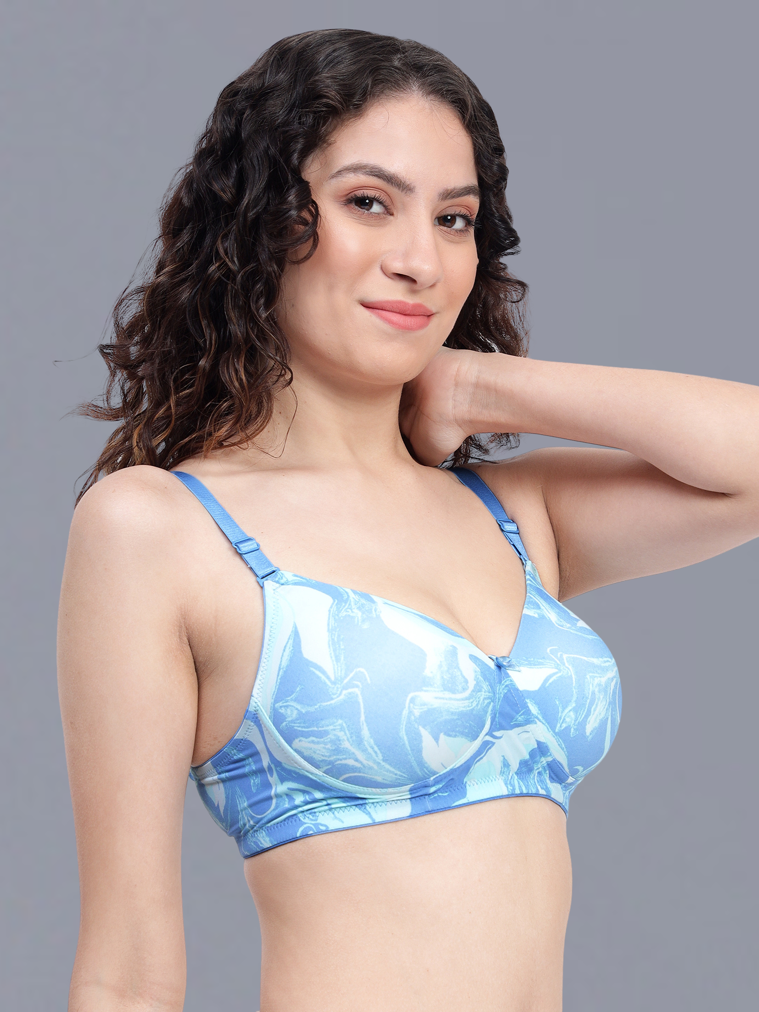 Padded Non-Wired Printed T-shirt Bra in Sky Blue & White